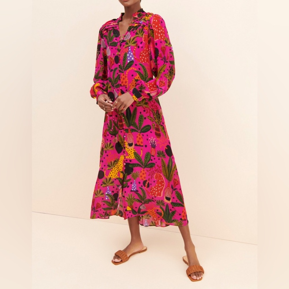 FARM Rio Pink Floral Midi Dress with Green and Orange Accents